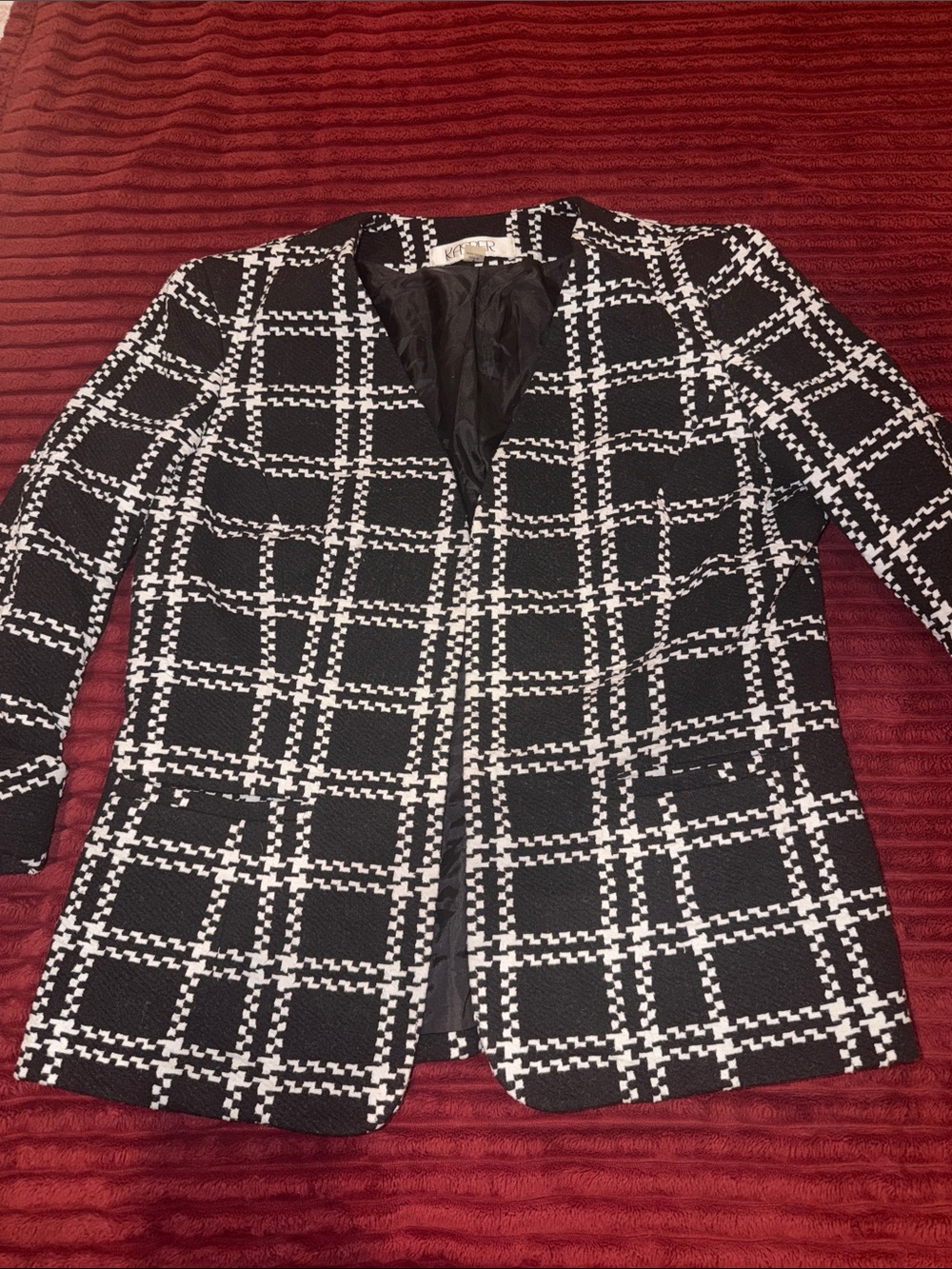 KASPER vintage Black & White Plaid Open-Front Women's blazer jacket
